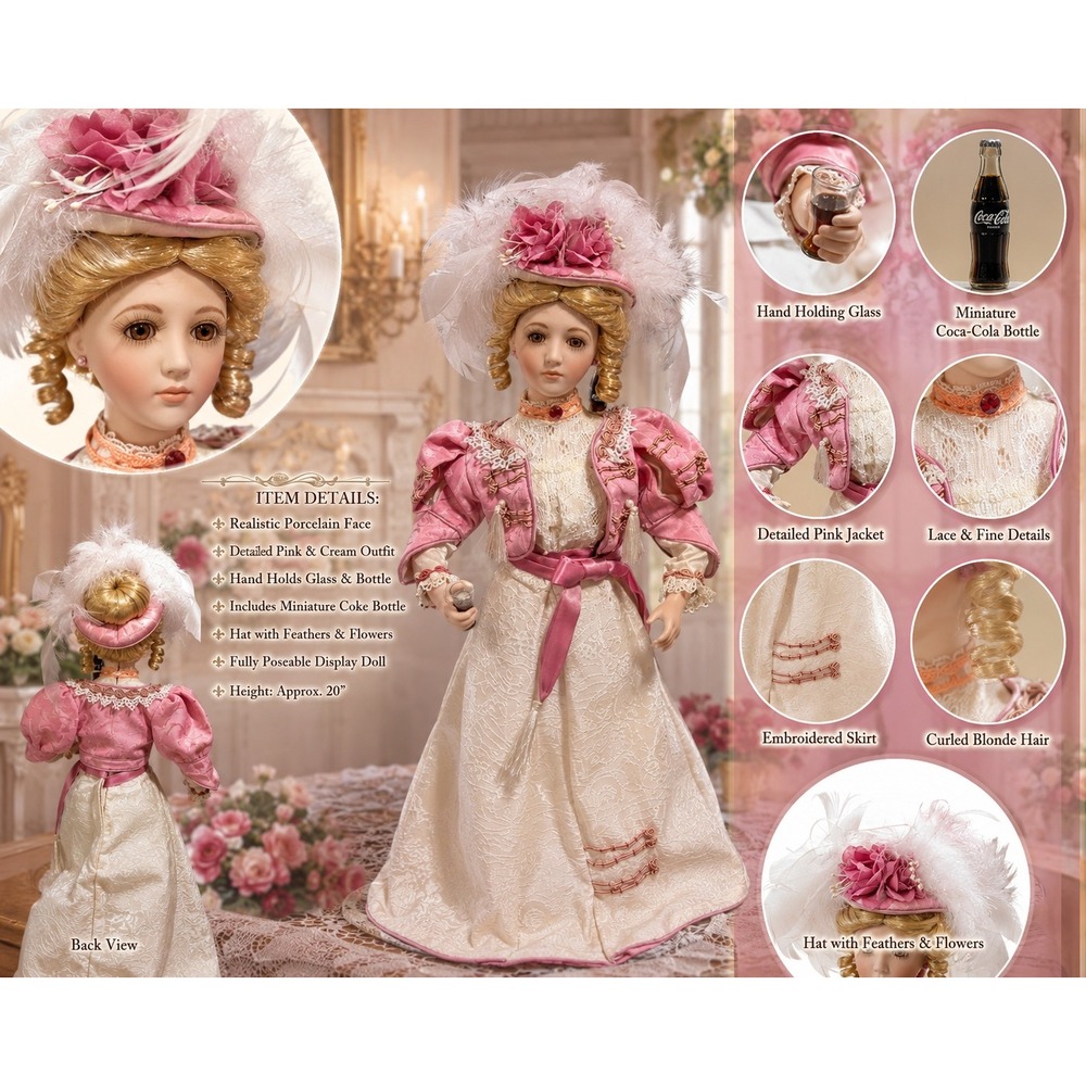 Coca-Cola Victorian Porcelain Doll Pink Cream Dress 17 Inch Collectible Stand